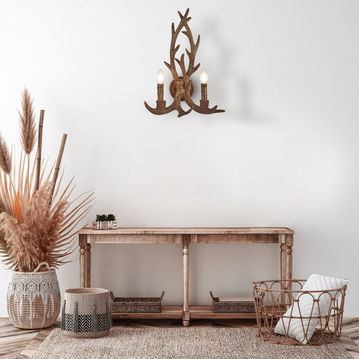 Stag Twin Antler Wall Light Bracket In Rustic Brown