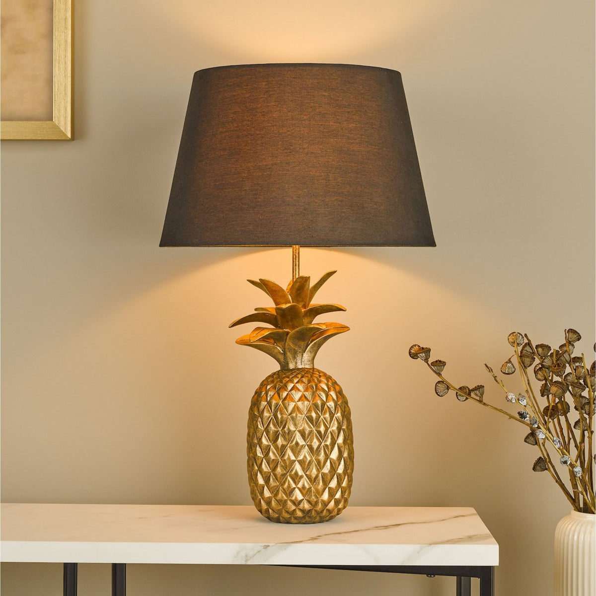Safa Pineapple Table Lamp In Gold With Black Cotton Shade