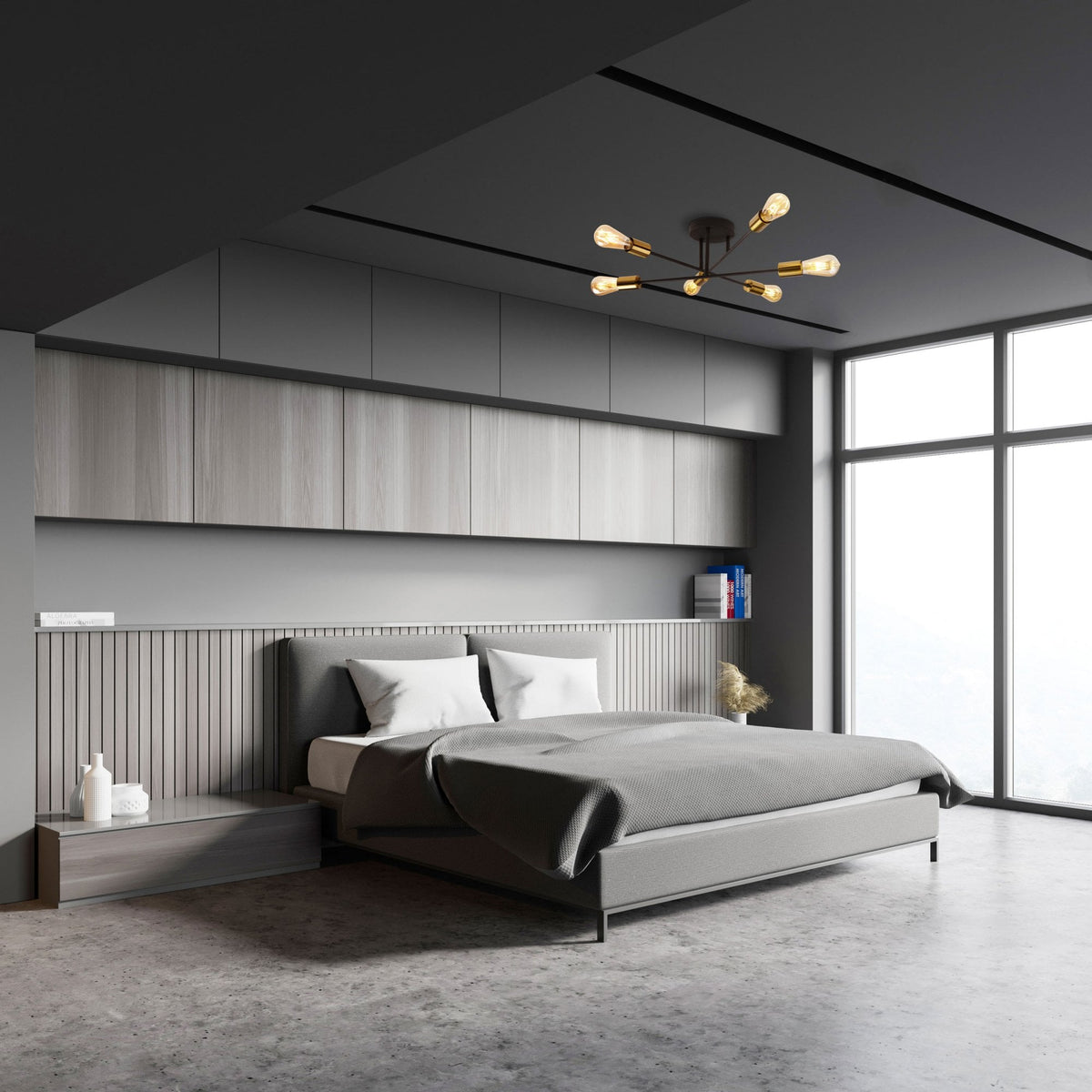 Armstrong Six Light Ceiling Light In Black And Satin Brass