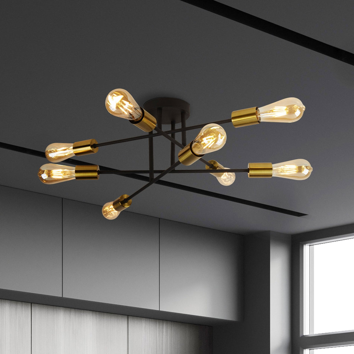 Armstrong Eight Light Ceiling Light In Black And Satin Brass