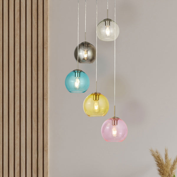 Mardi Gras Five Light Pendant In Satin Silver And Multi Coloured Glass