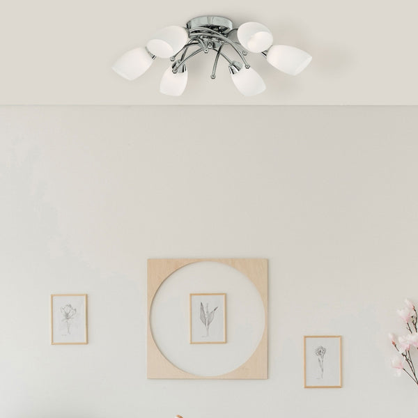 Opera Chrome 6 Light Semi-Flush with Opal Glass Shades