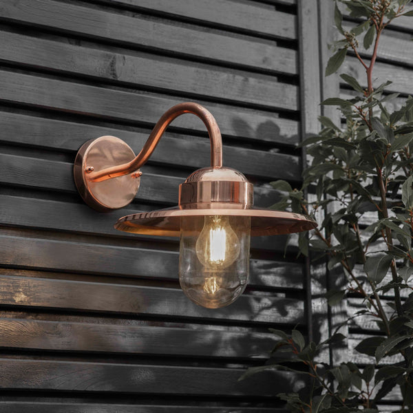 Howick E27 Exterior Swan Neck IP44 Wall Light in Raw Copper