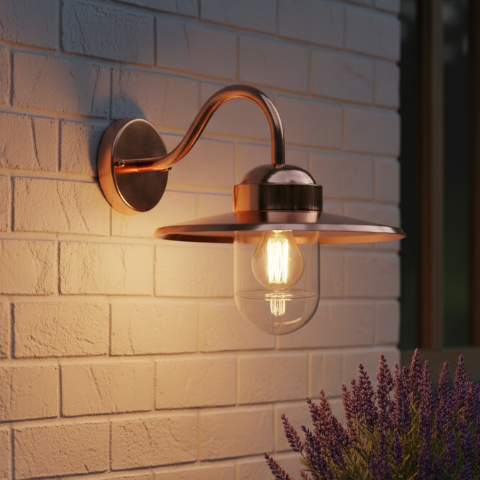 Howick E27 Exterior Swan Neck IP44 Wall Light in Raw Copper