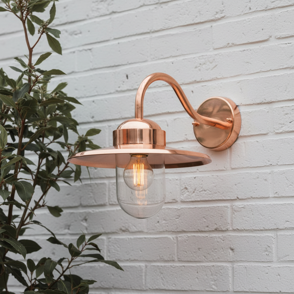 Howick E27 Exterior Swan Neck IP44 Wall Light in Raw Copper