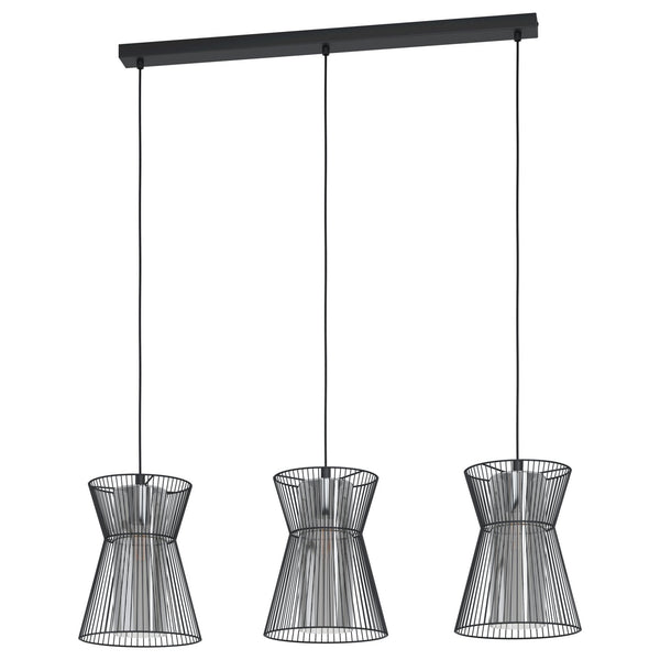 Maseta Triple Drop Linear Pendant in Black with Smoked Glass Diffusers