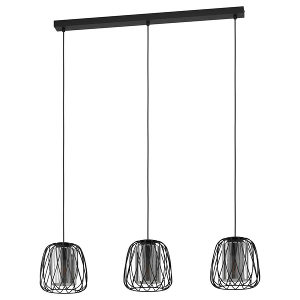 Floresta Triple Drop Linear Pendant in Black with Black Vaporized Transparent Glass Diffusers