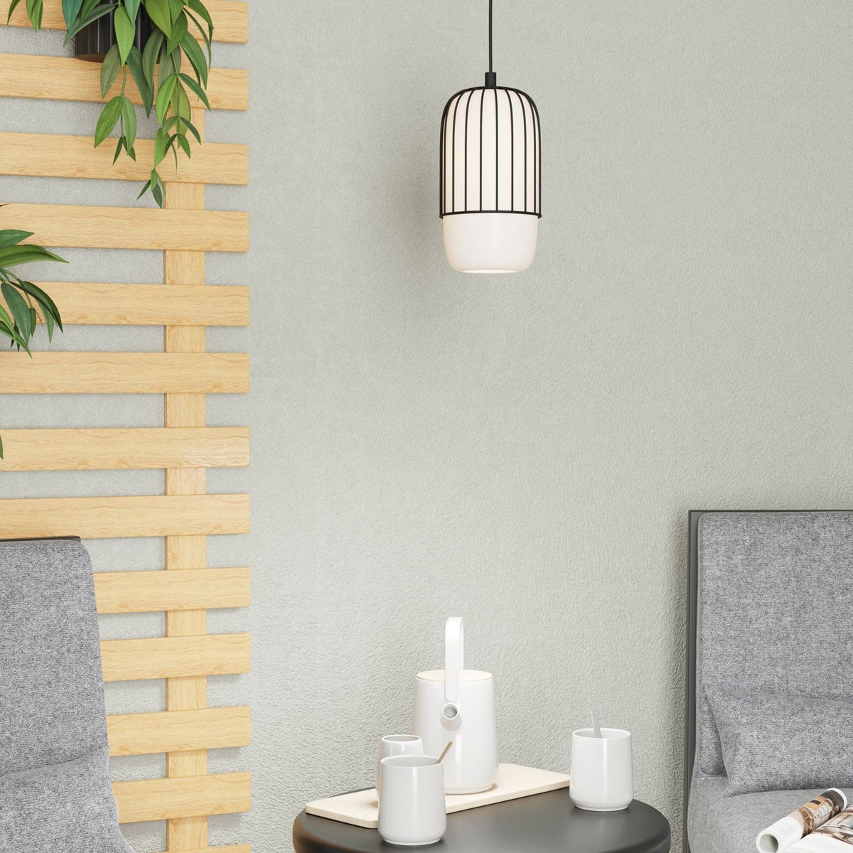 Muleges Single Drop Pendant in Black & Matt Opal Glass Shade