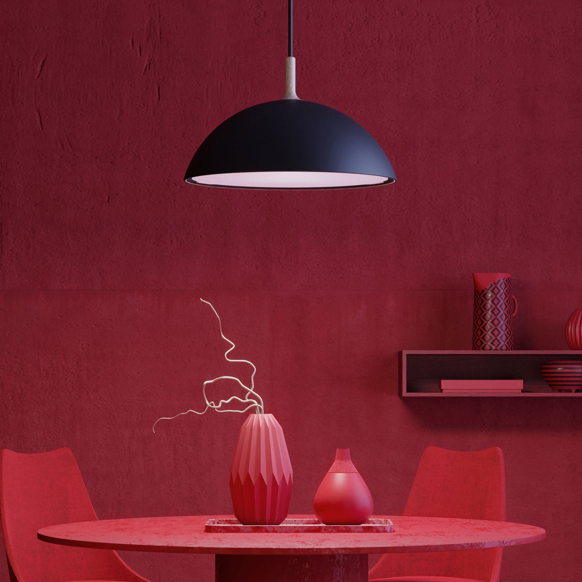 Bowl Single Pendant In Satin Black With Wood Detail
