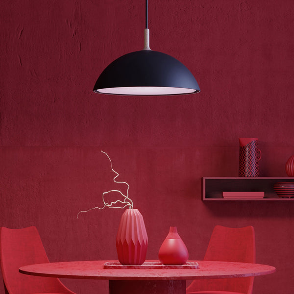 Bowl Single Pendant In Satin Black With Wood Detail