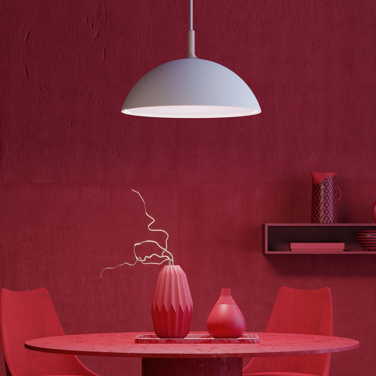 Bowl Single Pendant In Satin White With Wood Detail