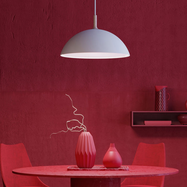 Bowl Single Pendant In Satin White With Wood Detail