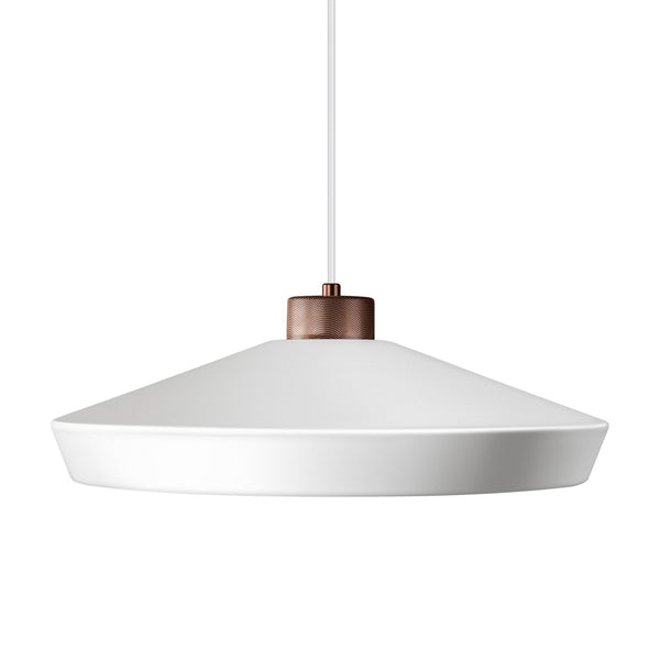 A white minimalist pendant light with a copper accent.