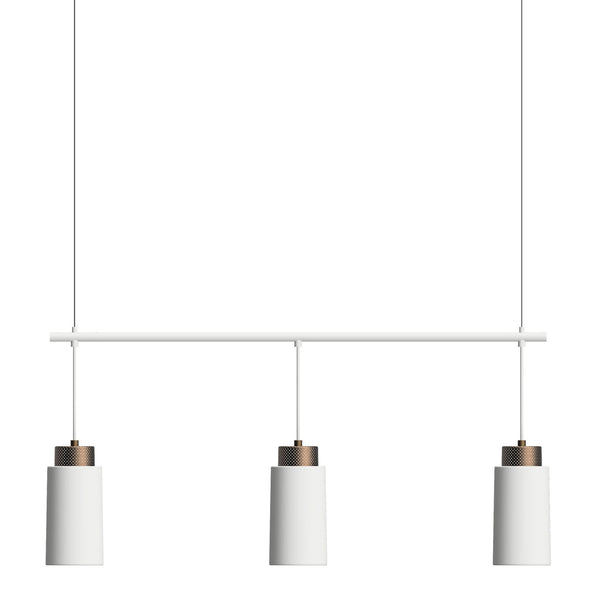 A white three-bulb linear pendant light with copper accents.