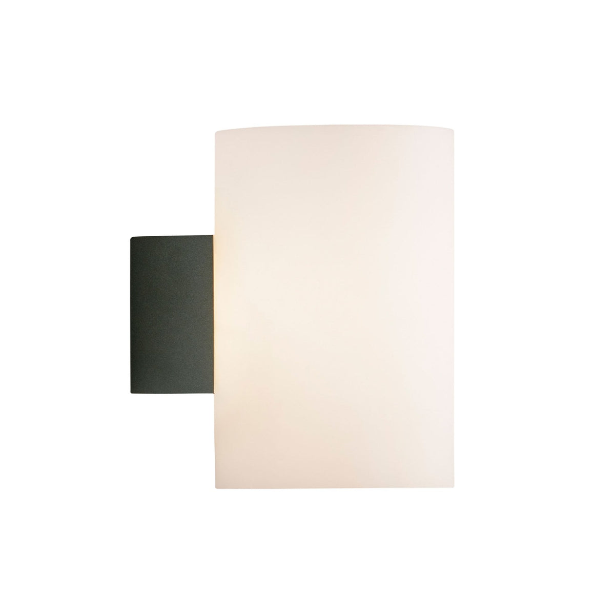 A modern wall light with a white cylindrical shade and a dark rectangular base.