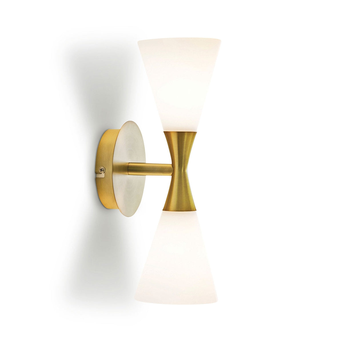 A sleek brass wall sconce with two conical frosted glass shades, one pointing up, one down.