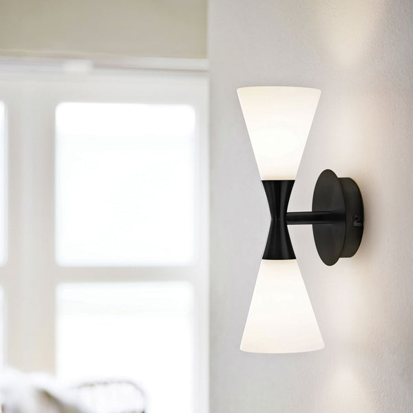 Harlekin Duo Wall Light In Flat Black With Frosted Glass Shade