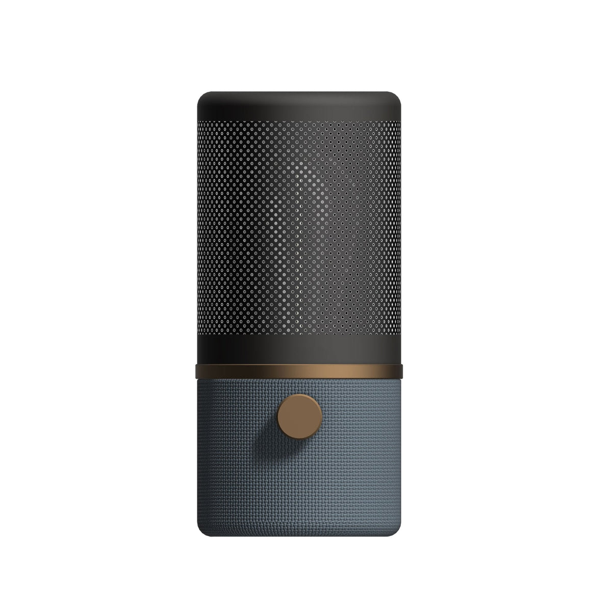 A modern, cylindrical air purifier in dark grey with a bronze accent and control knob.