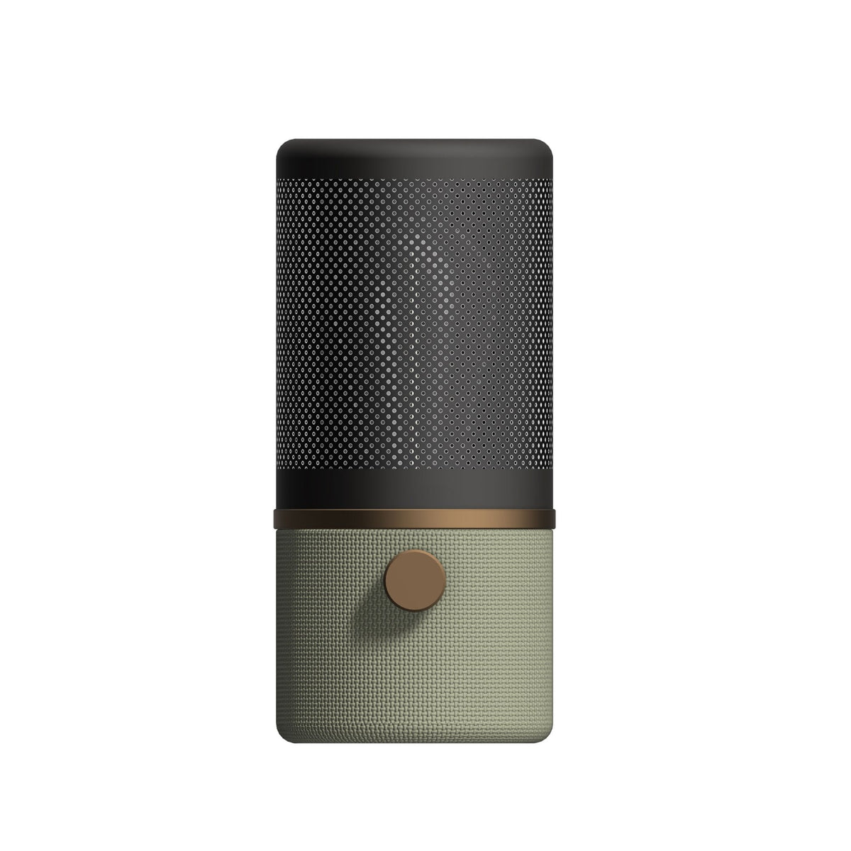 A modern, cylindrical air humidifier in sage green and black with a copper accent.