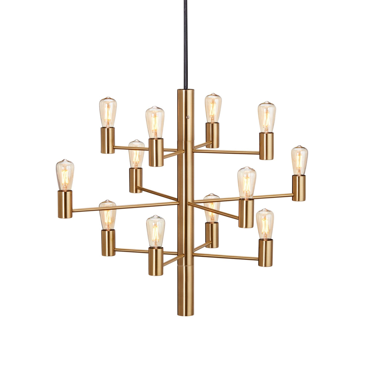 A sleek gold chandelier with twelve exposed bulbs on a white background, showcasing its design.