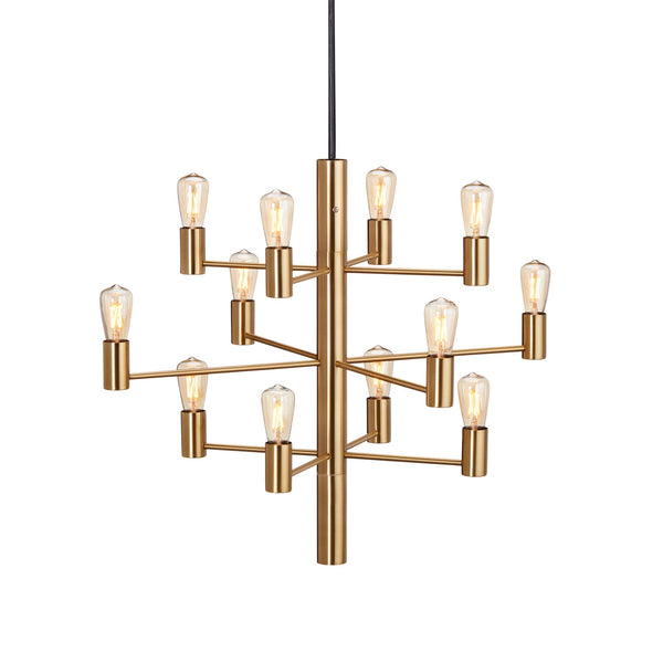 A sleek gold chandelier with twelve exposed bulbs on a white background, showcasing its design.