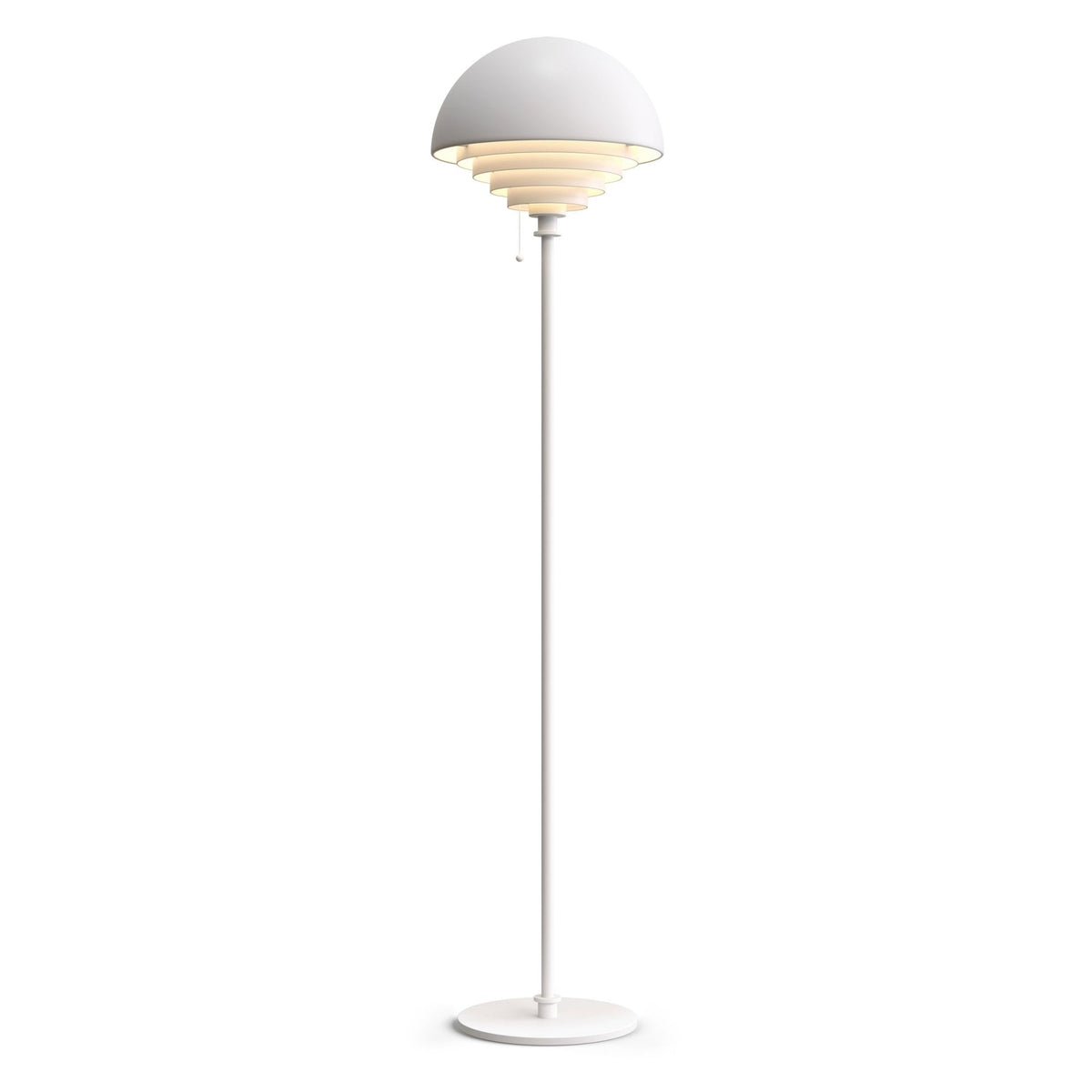 A white floor lamp with a tiered, dome-shaped shade.