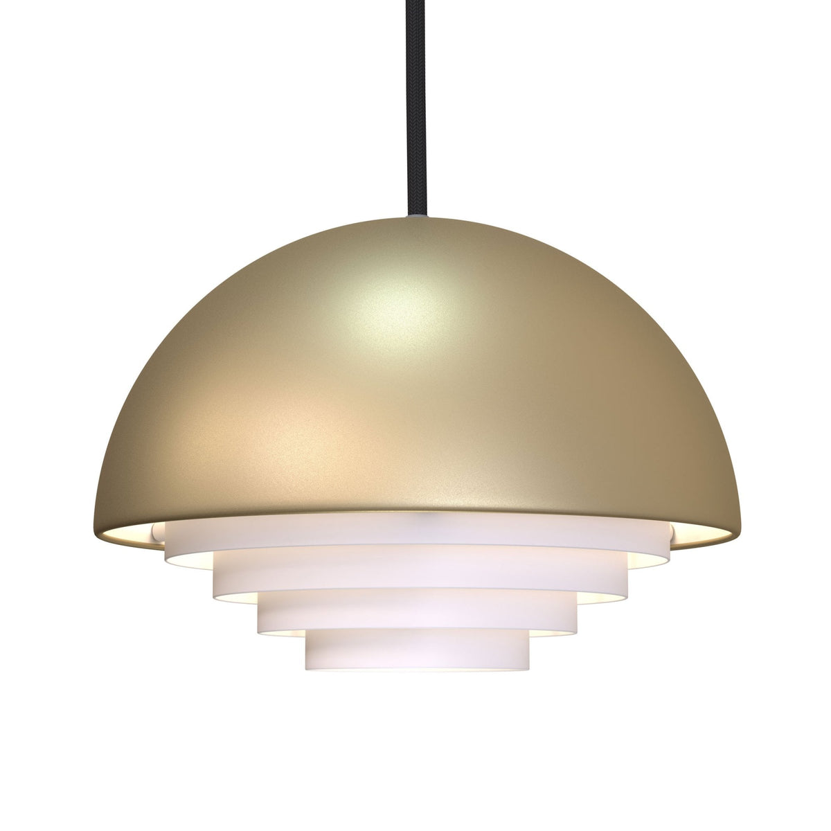 A modern pendant light with a gold dome and tiered white diffuser, illuminating downwards.