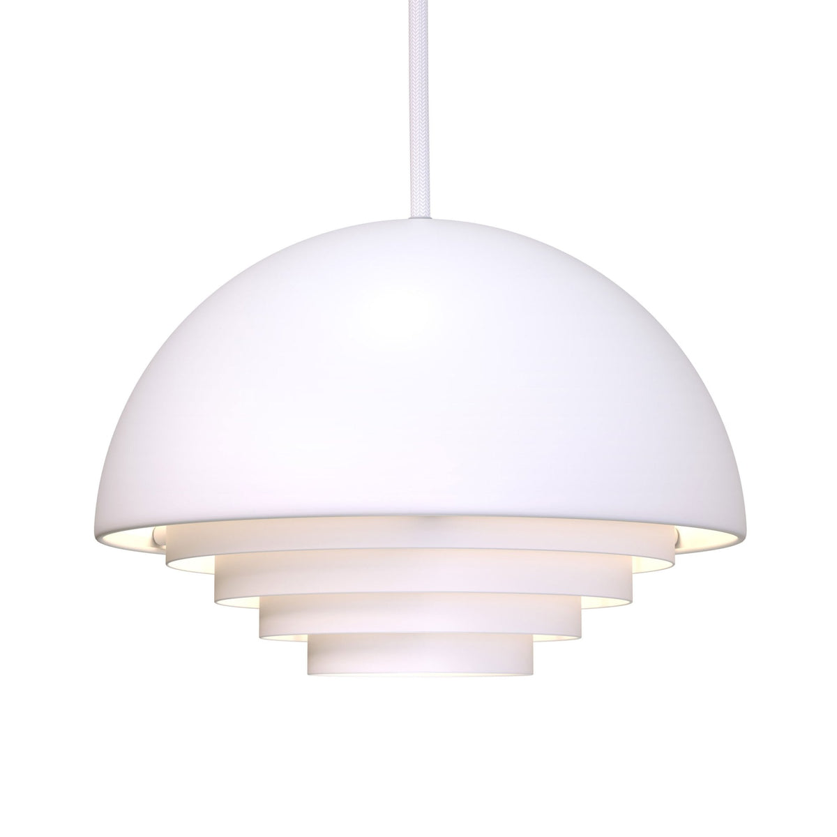 A white pendant light, designed with a half-dome shape and tiered diffusers.