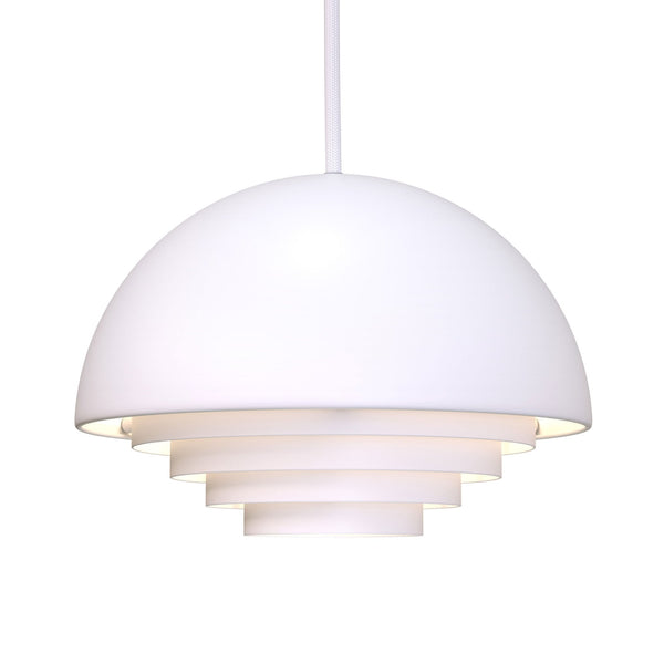 A white pendant light, designed with a half-dome shape and tiered diffusers.