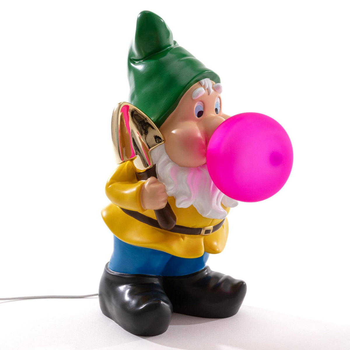 A garden gnome holding a shovel, blowing a pink bubble gum bubble that lights up.