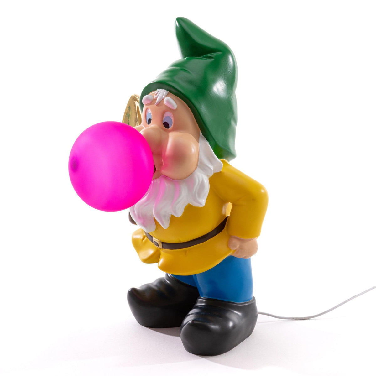 A garden gnome blowing a glowing pink bubble gum bubble, viewed from the side.