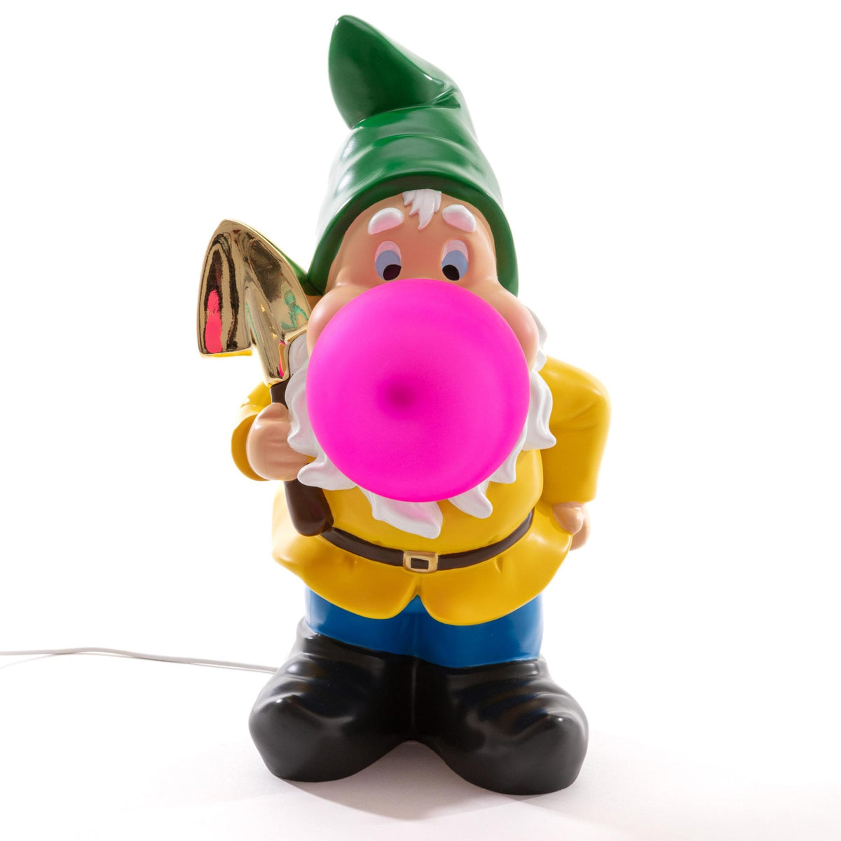 A garden gnome with a shovel, blowing a large, bright pink bubble gum bubble.