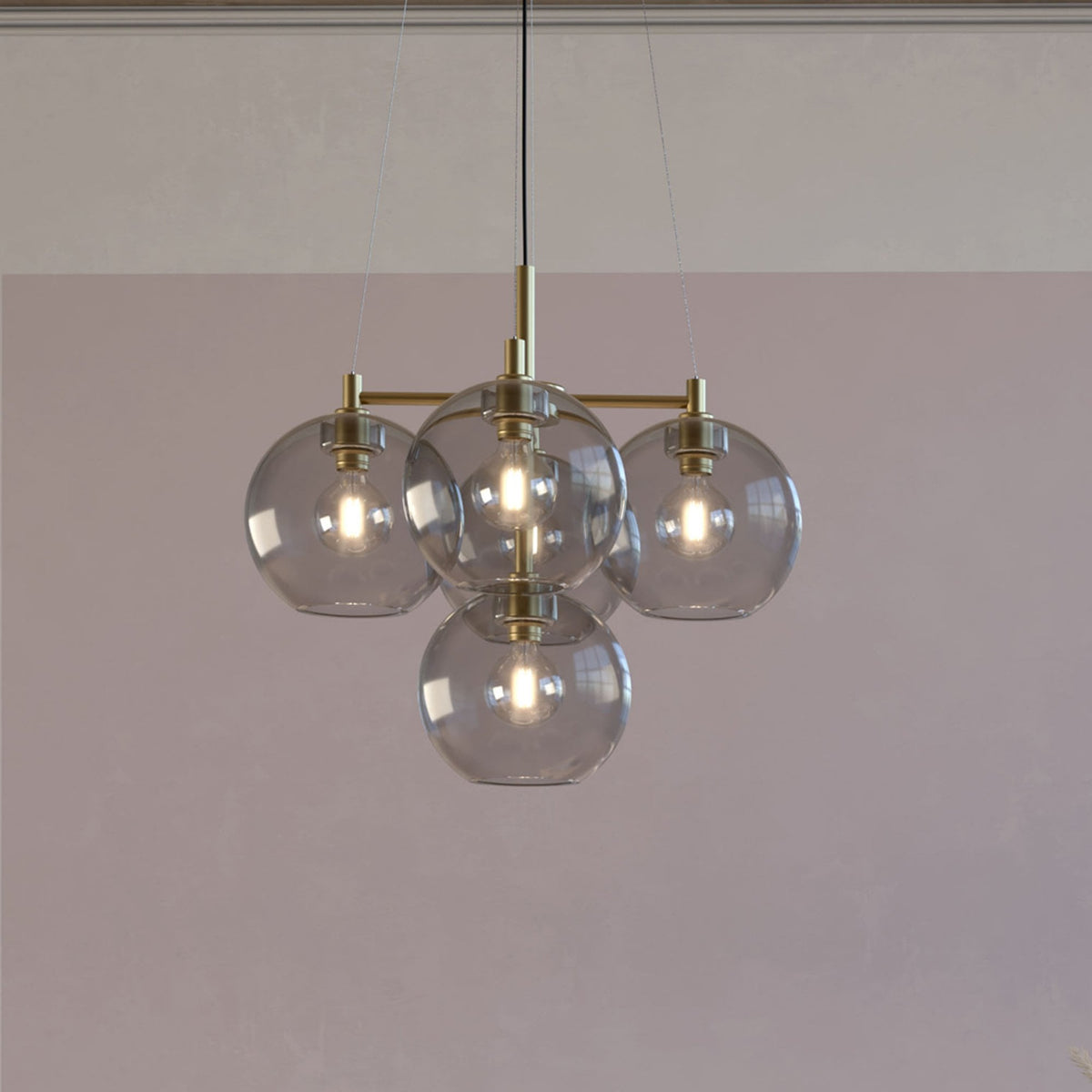 Gloria 5 Light 500mm Chandelier in Brass and Smoke Glass