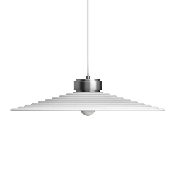 A white pendant light, featuring a wide, ridged, conical shade and a small exposed bulb.