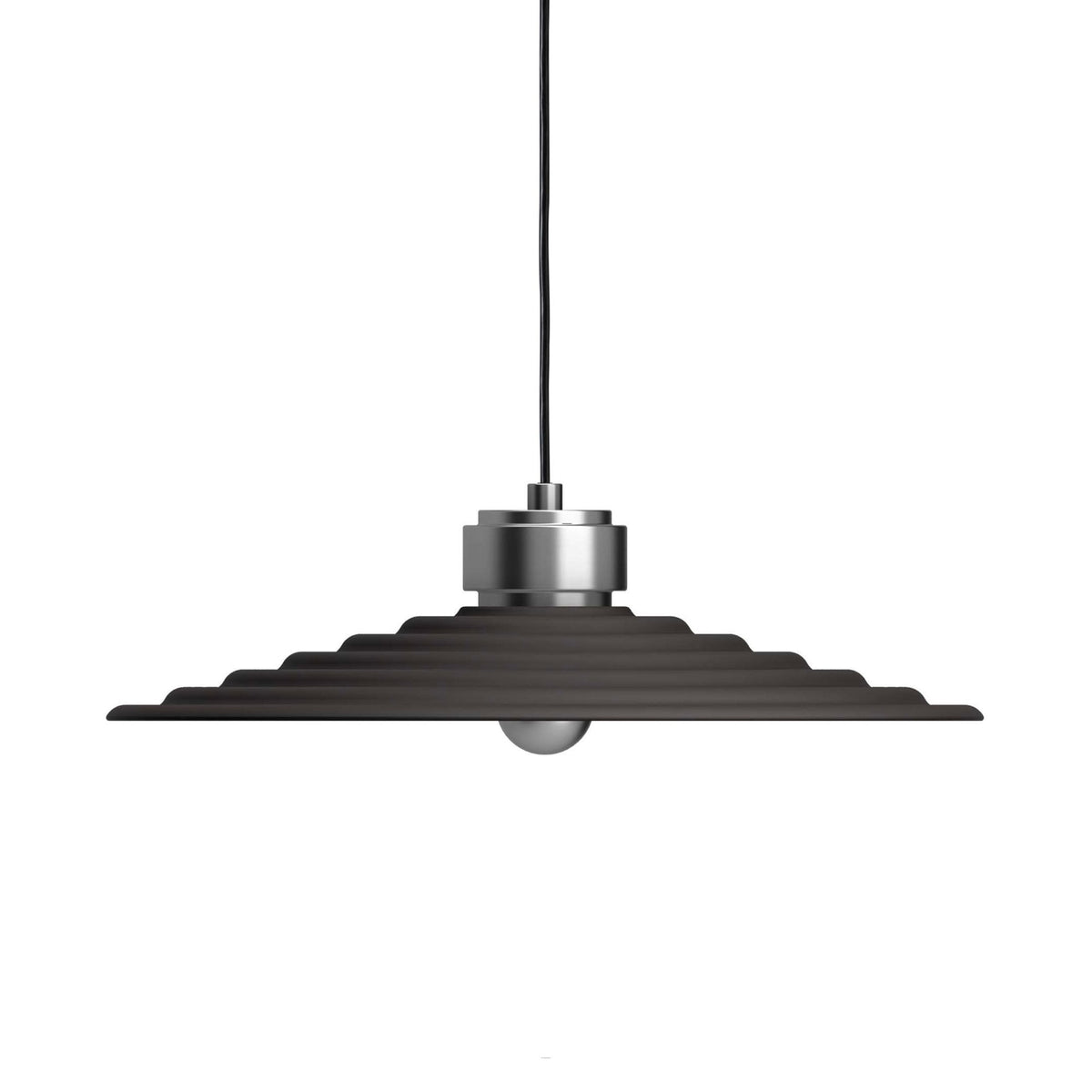 A black pendant light with a wide, ridged shade on a white background.
