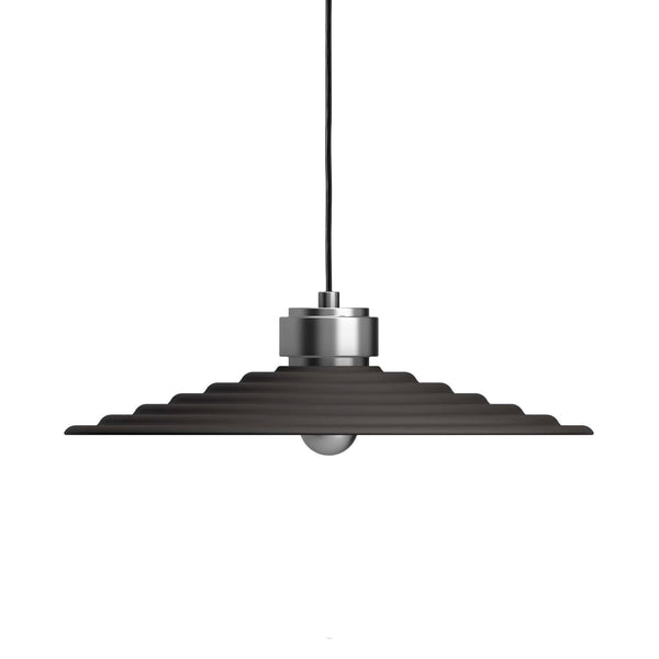 A black pendant light with a wide, ridged shade on a white background.