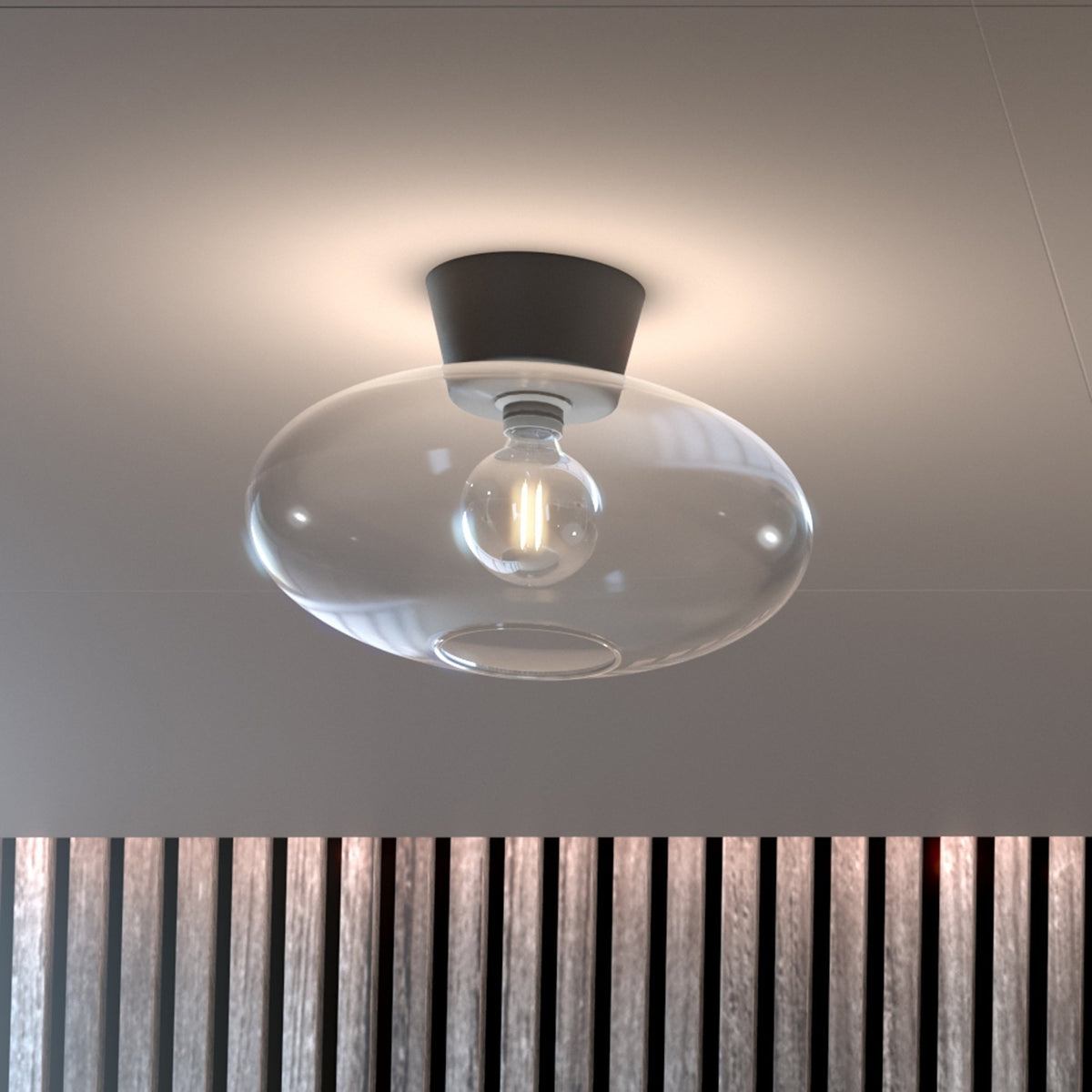 Bullo 380 Short Semi Flush Ceiling Light in Black & Clear Glass
