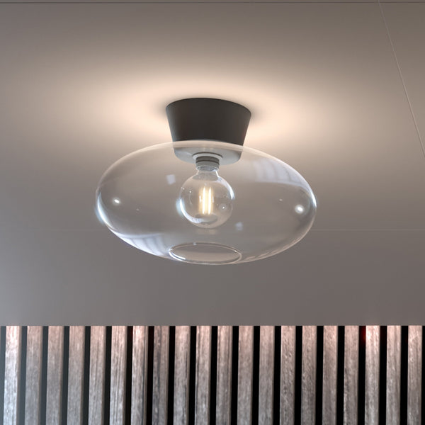Bullo 380 Short Semi Flush Ceiling Light in Black & Clear Glass