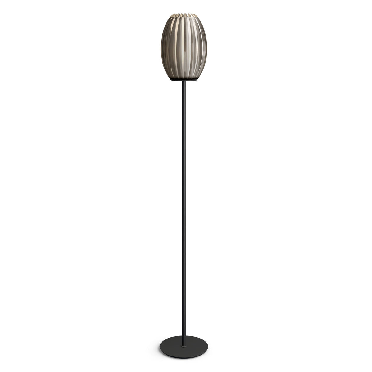 A floor lamp with a fluted glass shade, on a simple black stand with a round base.
