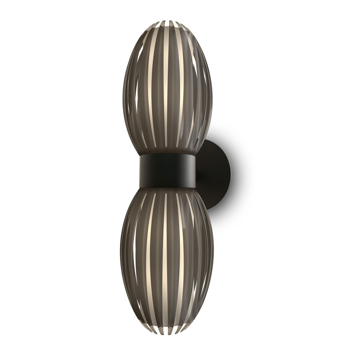 A modern wall lamp with two elongated, ribbed glass shades in a dark, translucent finish.