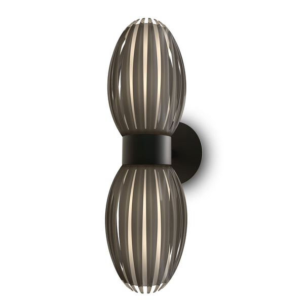 A modern wall lamp with two elongated, ribbed glass shades in a dark, translucent finish.