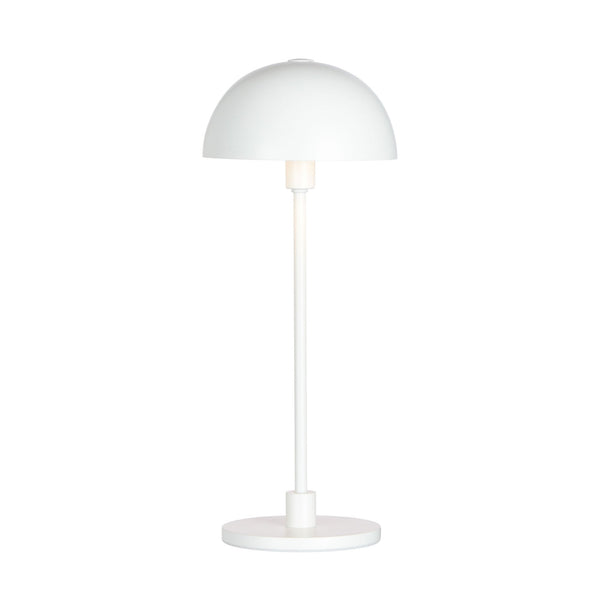 A white mushroom-shaped table lamp on a white background, emitting a warm glow.