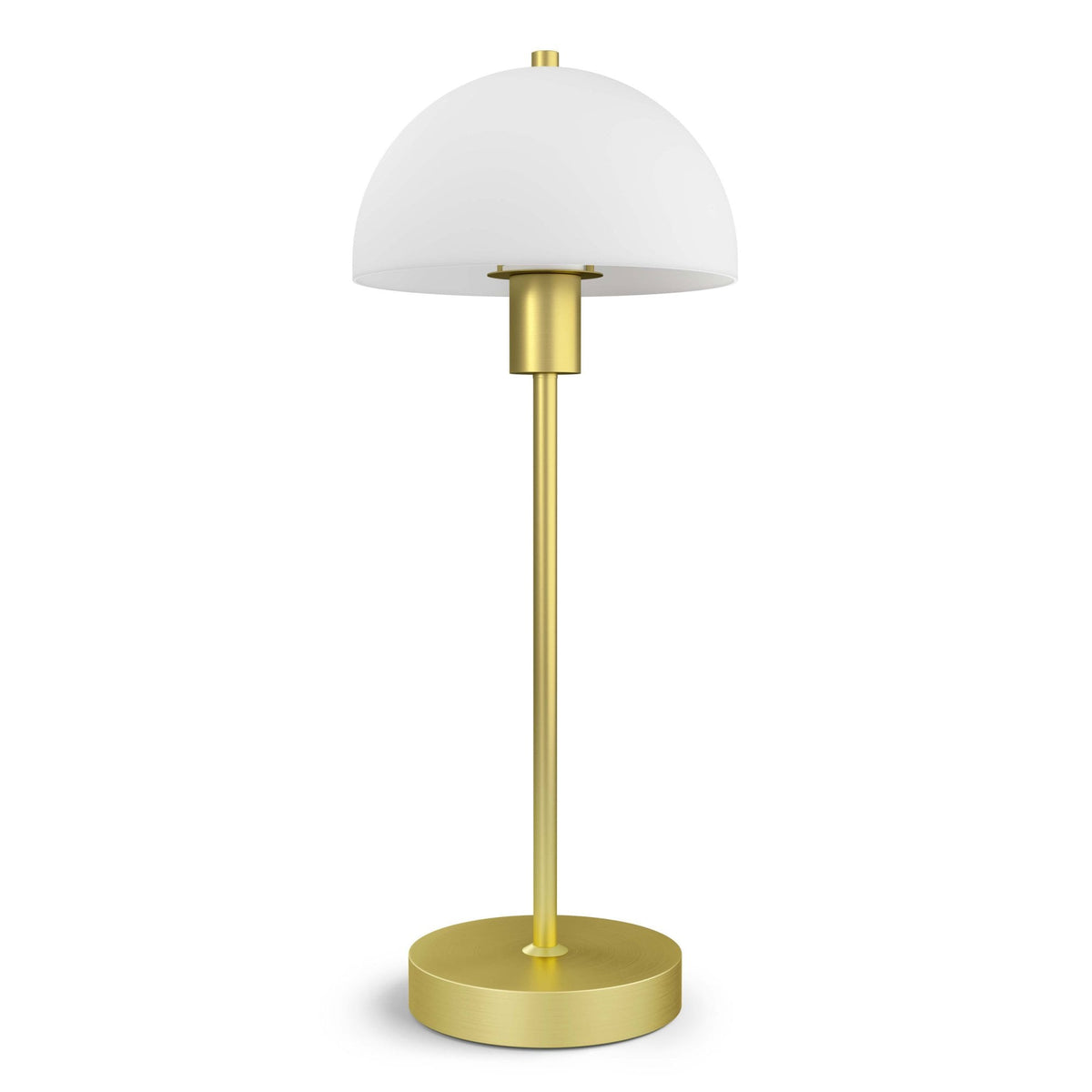 A gilded table lamp with a white, half-dome shade on a white background.