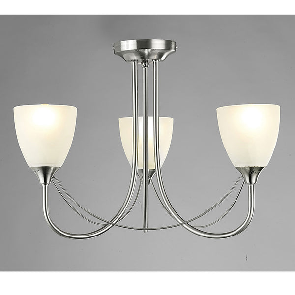 Cooper Three Arm Semi Flush Ceiling Light in Satin Nickel with Opal White Shades