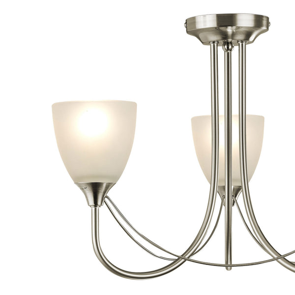 Cooper Three Arm Semi Flush Ceiling Light in Satin Nickel with Opal White Shades