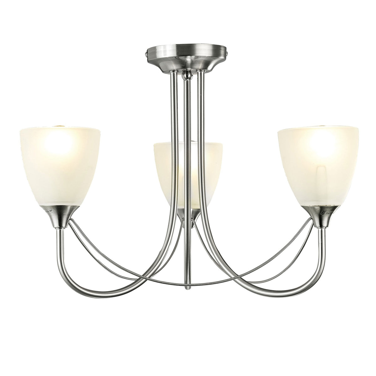 Cooper Three Arm Semi Flush Ceiling Light in Satin Nickel with Opal White Shades