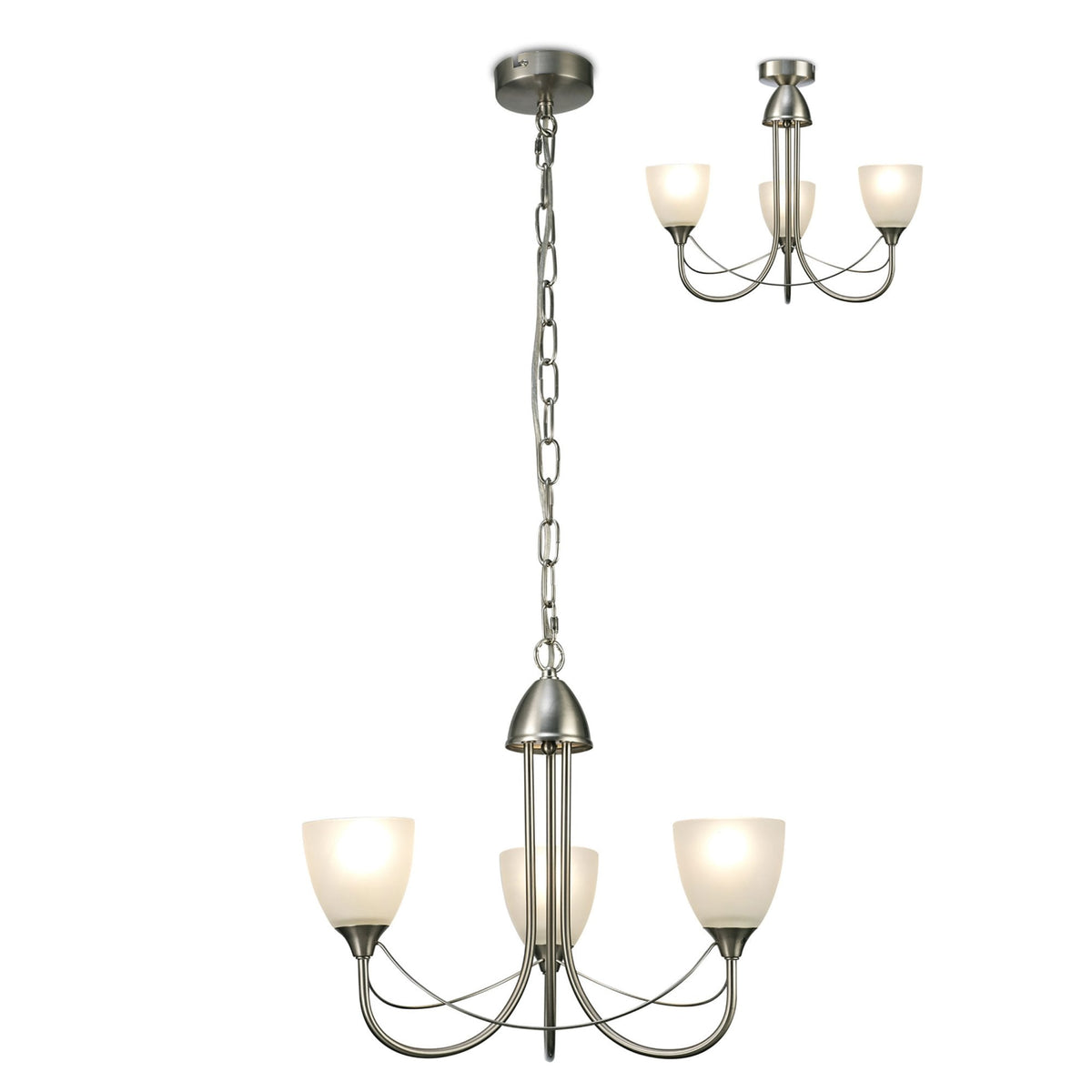 Cooper Three Arm Pendant or Semi Flush Light in Satin Nickel and Opal White Shades