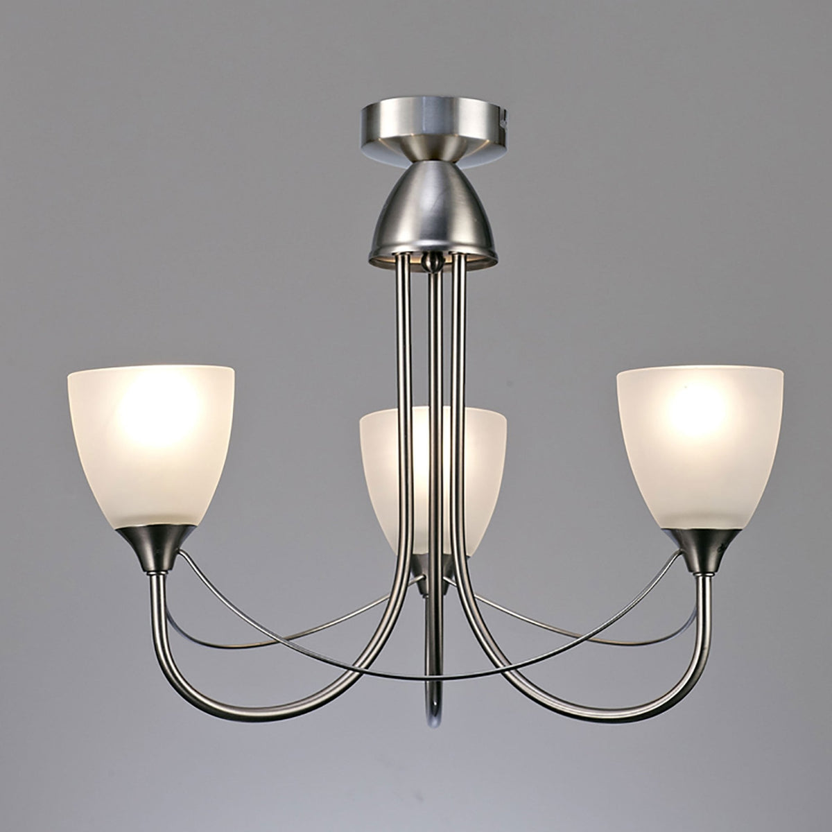 Cooper Three Arm Pendant or Semi Flush Light in Satin Nickel and Opal White Shades