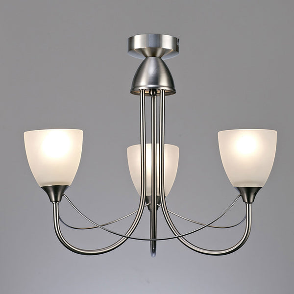 Cooper Three Arm Pendant or Semi Flush Light in Satin Nickel and Opal White Shades