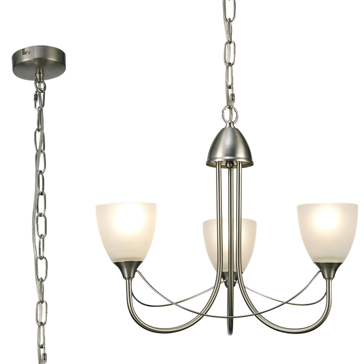 Cooper Three Arm Pendant or Semi Flush Light in Satin Nickel and Opal White Shades